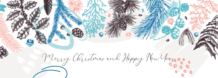 Merry Christmas background. Collage style banner with winter trees, evergreen plants, conifers and nuts drawing. Vector design with hand drawn botanical illustrations. Trendy New Year card template